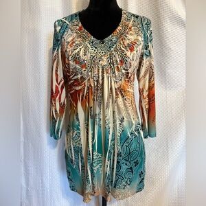 One World boho tie dye lace multicolor paisley print tunic size large NWOT
